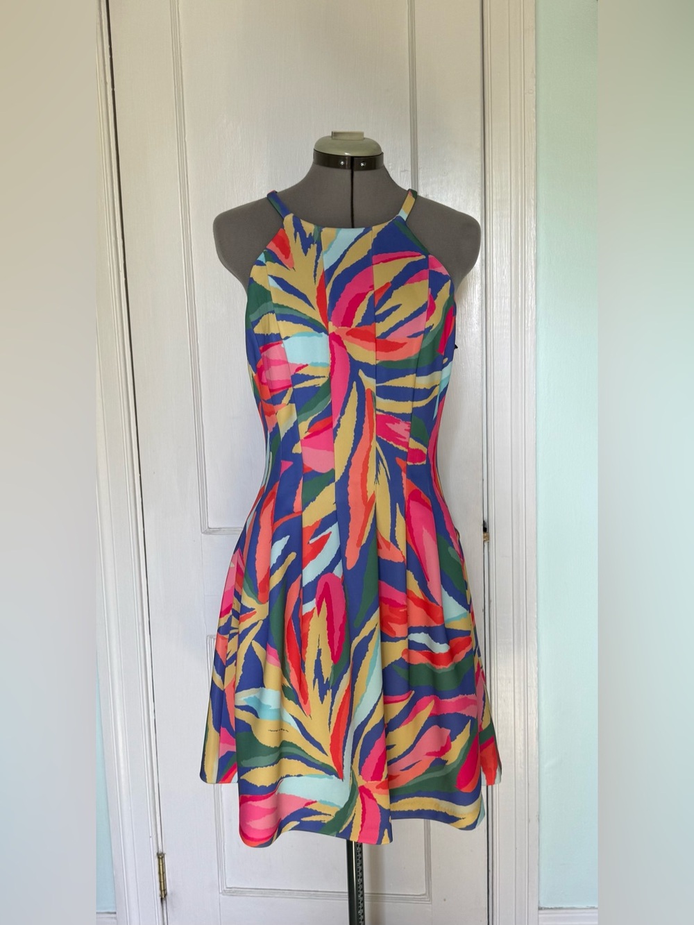 Colorful Abstract Print Halter Fit & Flare Dress - Multi